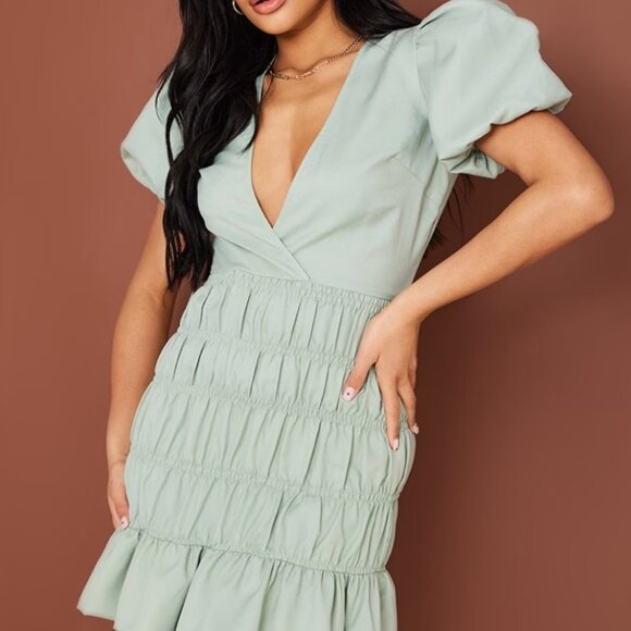 PrettyLittleThing Dresses & Skirts - PrettyLittleThing Sage Puff Short Sleeve Linen Tiered Mini XS NEW NWOT